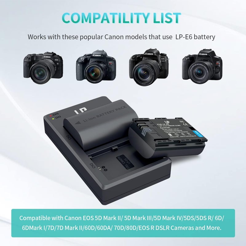 L & P -E6 E6N Battery Charger Pack, 2-Pack 2600mAh Battery & Dual Charger Compatible with Canon EOS R, R5, R6, 90D, 80D, 70D, 60D, 60DA, 5D Mark II, 6D, 6D Mark II, 7D, 7D Mark II, XC15, XC10 Cameras - Image 2